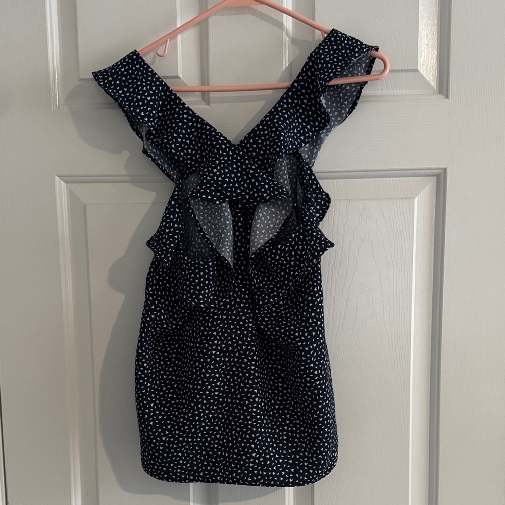 Banana Republic Navy Ruffle V-Back Sleeveless Blouse